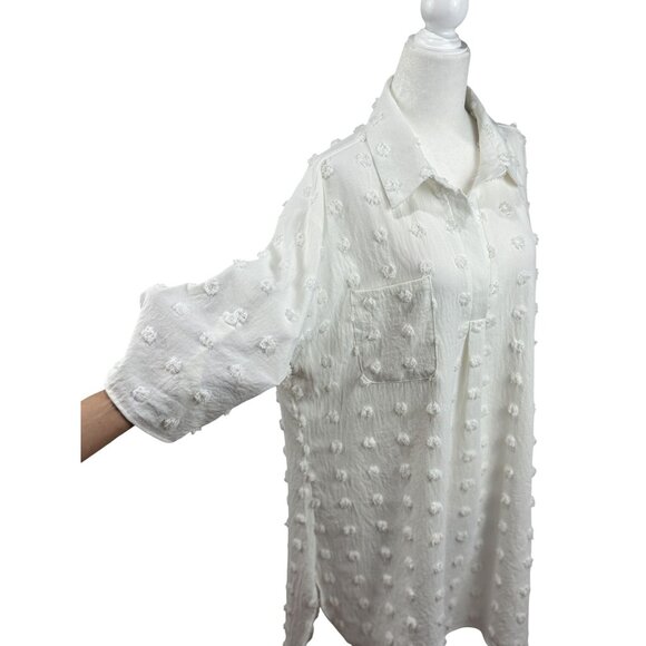 Womens Size XL White Textured Swiss Dot Longline Button-Up Shirt Dress longback - Picture 6 of 10